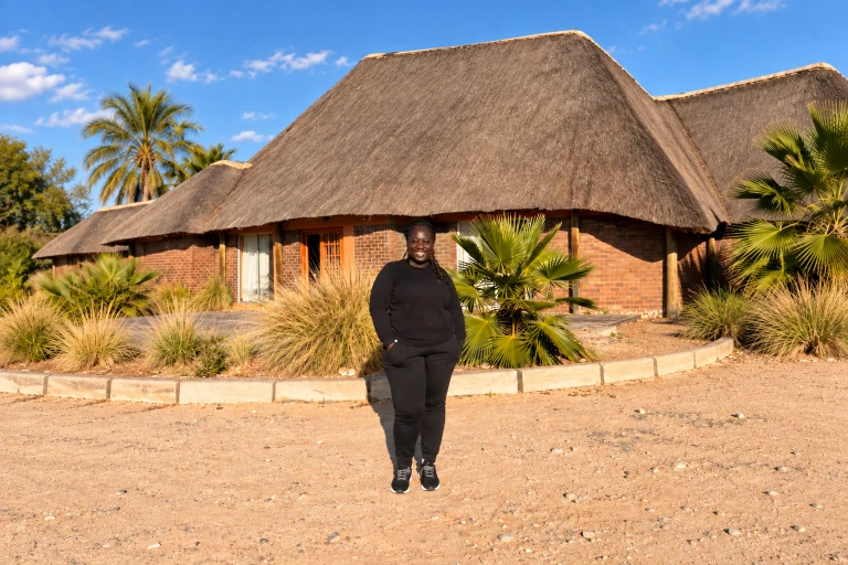 Irene outside a thatched lodge